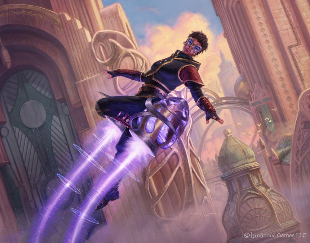 Illustration of a woman flying through buildings with magical propellers 
