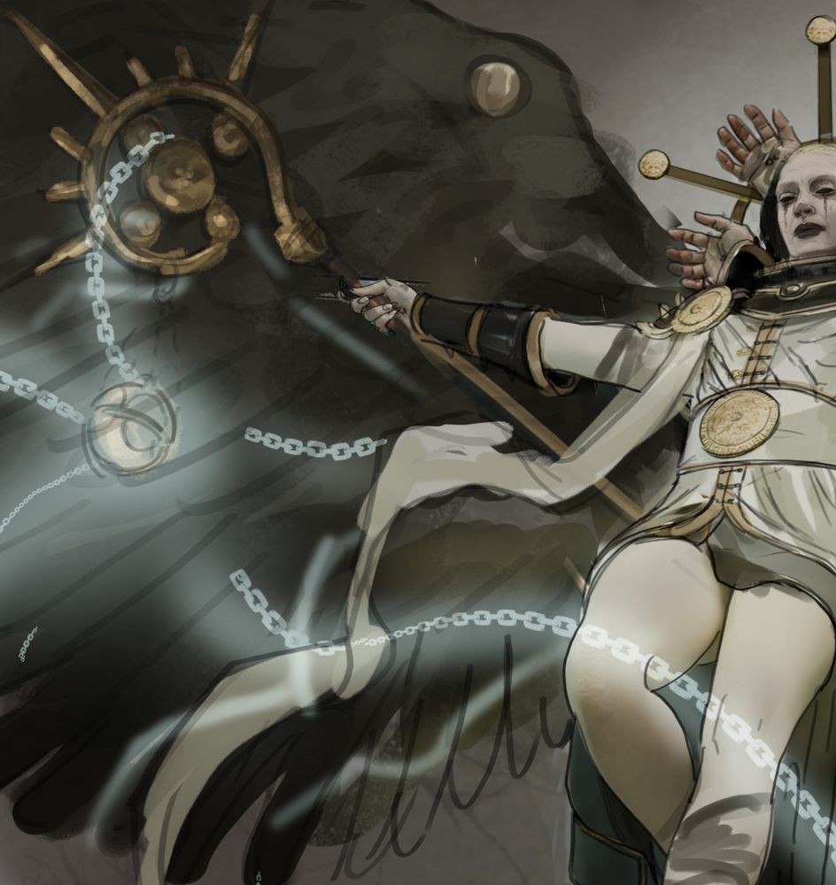 Sketch of an angel with black wings, hair and eyes. They're wearing white robes with gold accents and holding a staff with a censer attached to it. On their head there's halo of zombie hands .