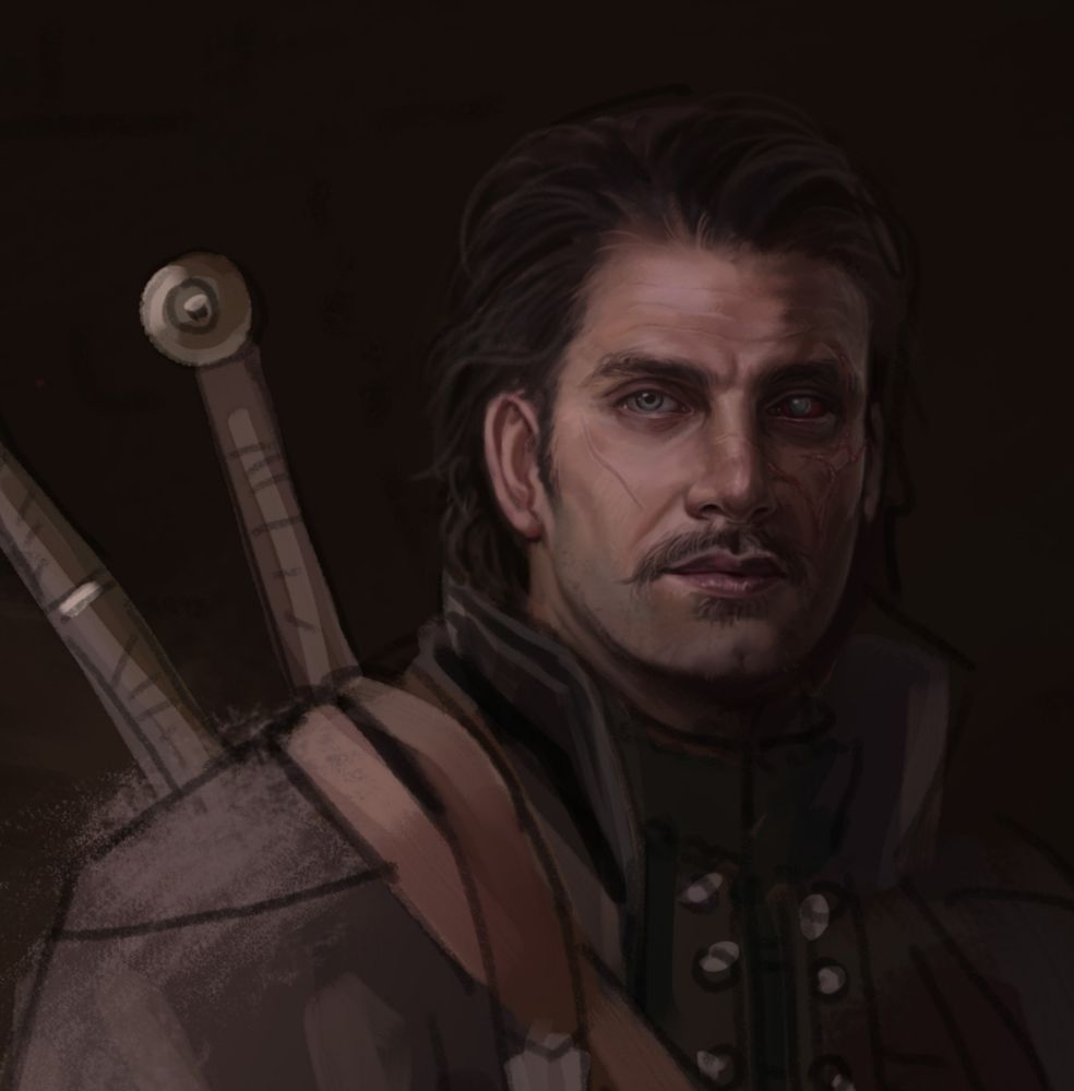 Work in progress illustration depicting a man with a scarred face and one blind eye, he's carrying two sword on his back
