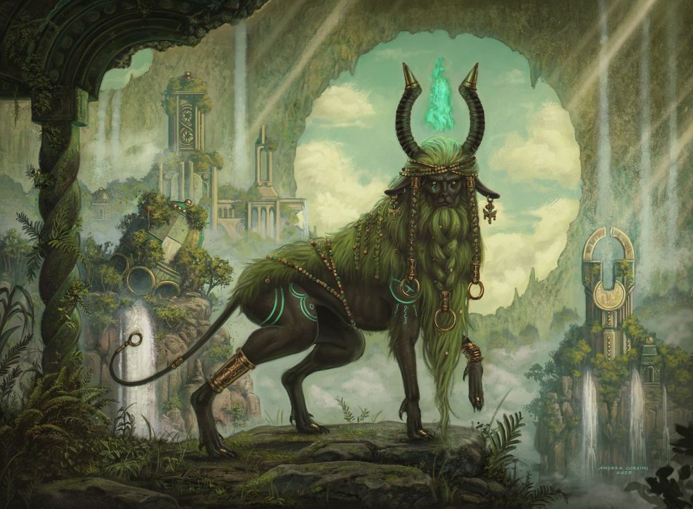 Illustration of a goat like creature with a fallen city in a giant cave in the background 