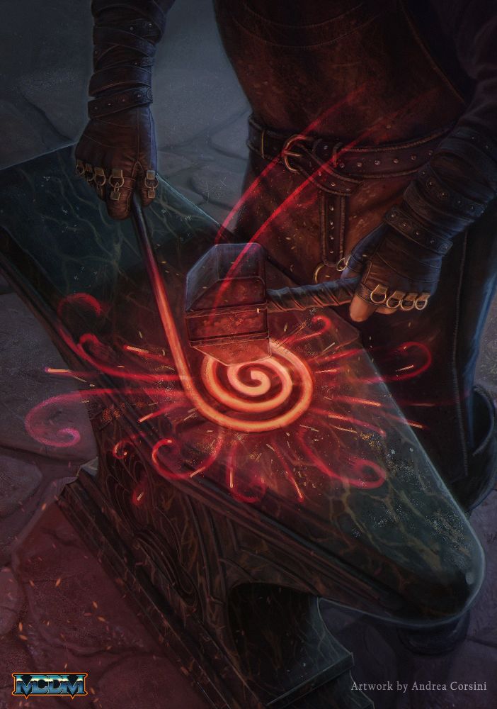 Illustration of a blacksmith hammering an incandescent coiling steel rod.