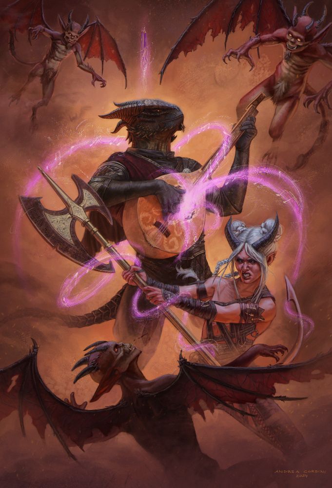 Illustration of a tiefling barbarian and a dragonborn bard battling imps