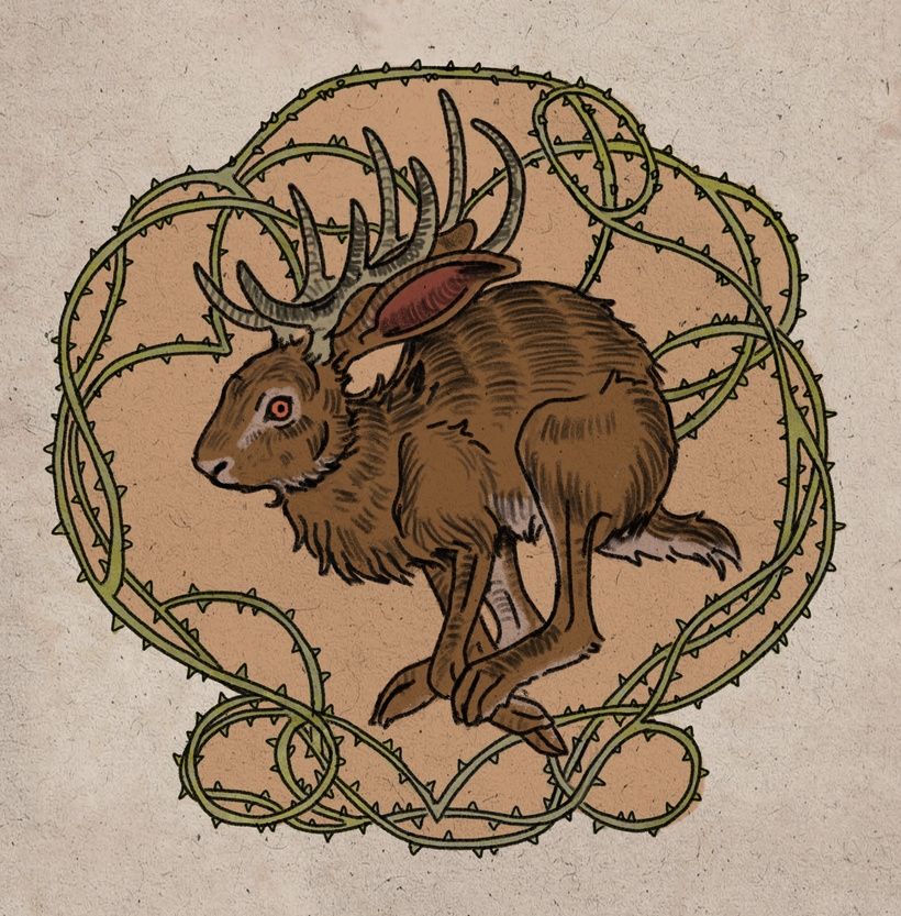 Art nouveau-style drawing of a jackalope 