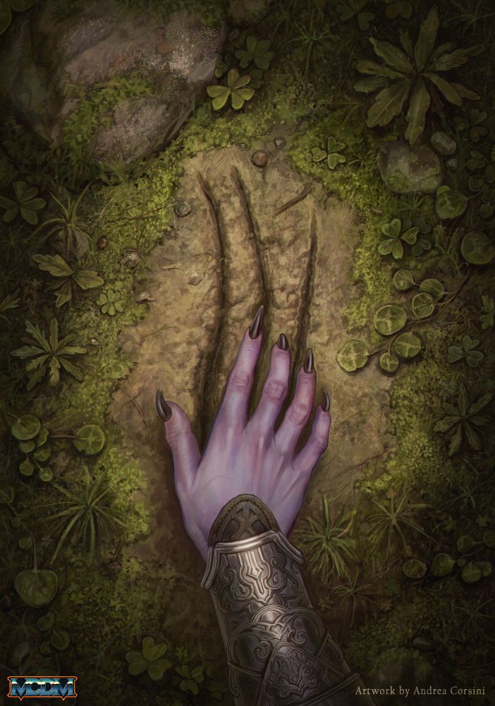 Illustration of a Wode elf's hand touching claw marks in the ground