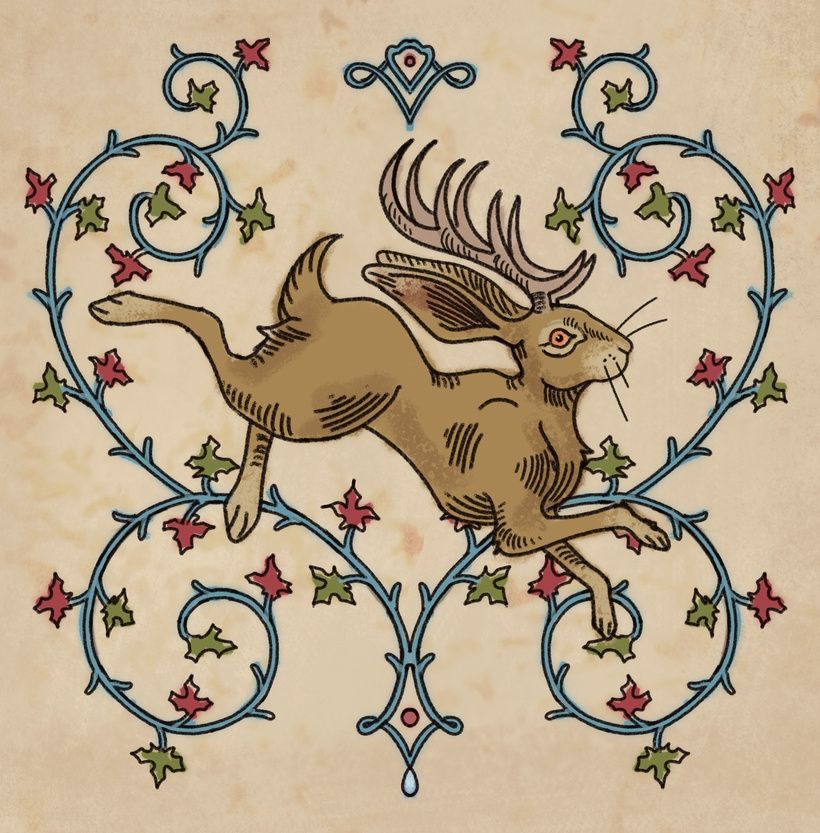 Medieval-style drawing of a jackalope 