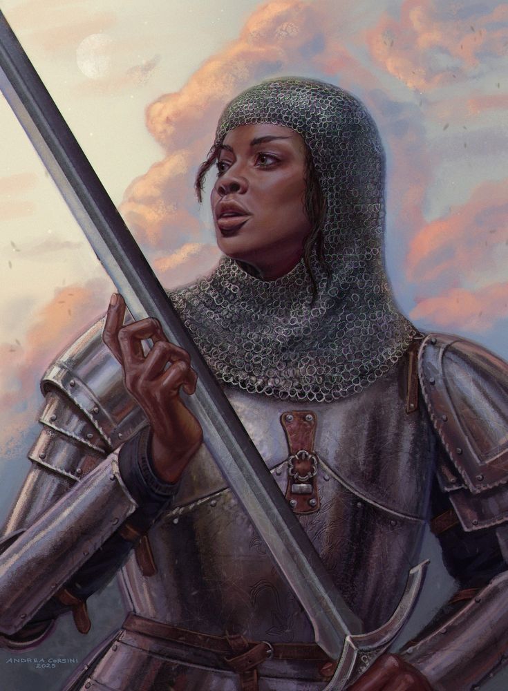 Portrait of a knight with a sunset sky behind her