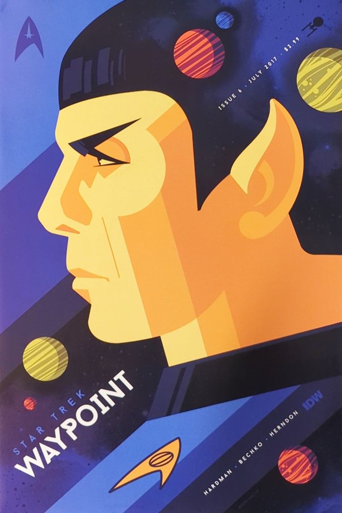Front cover of Jul 2017 IDW Star Trek: Waypoint #6.
A left side profile portrait of Spock drawn in a modern style. Lovely portrait from artist Tom Whalen.