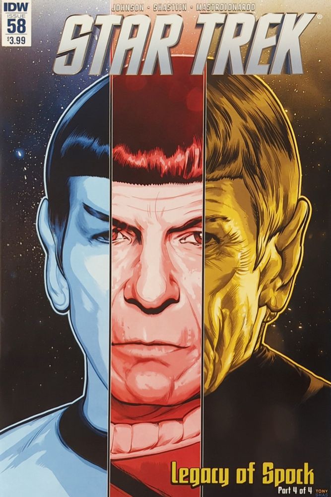 Front cover of Jun 2016 IDW Star Trek first monthly series #58.
A three part connected drawing of Spock with the three parts including a young/middle aged/older Spock all merged into 1 face. Beautiful work by artist Tony Shasteen.