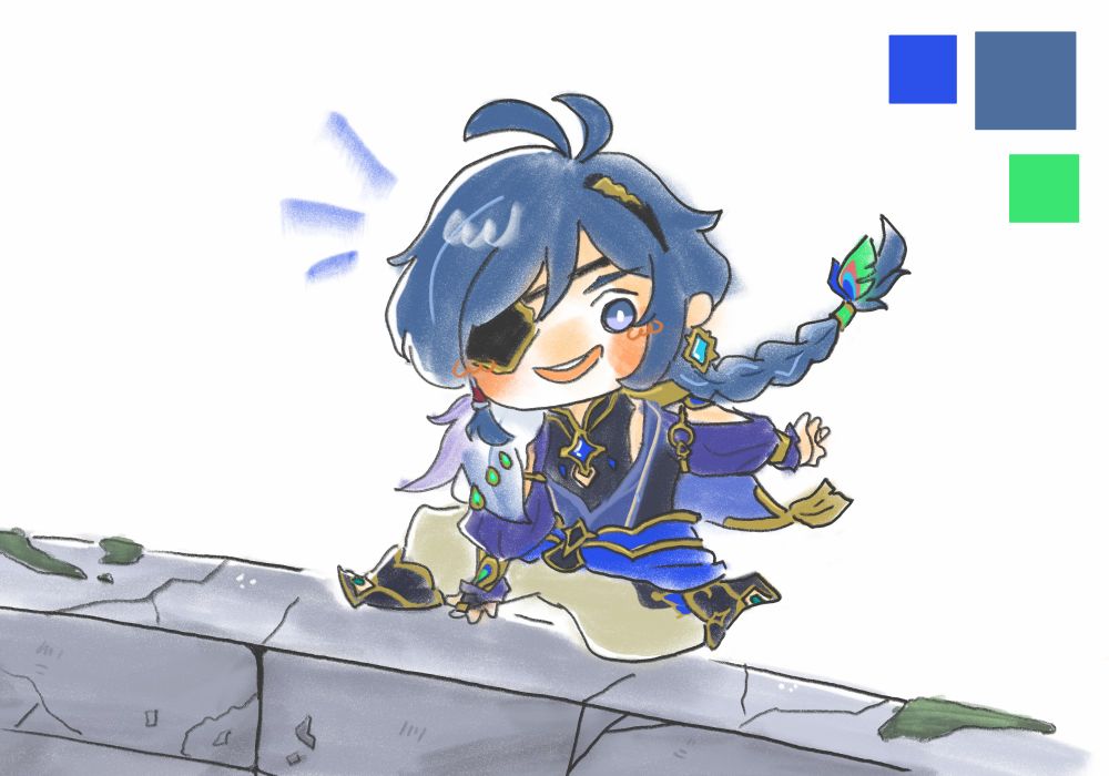 Kaeya from Genshin Impact in his alternative outfit jumping on a wall