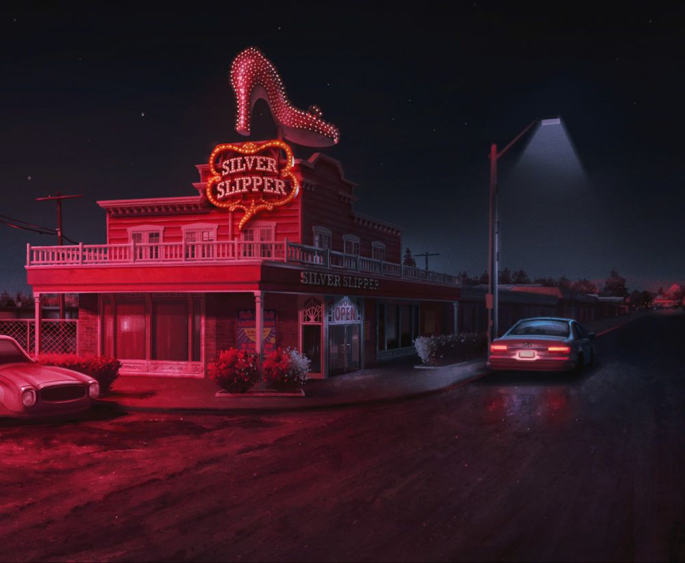 Nighttime environment painting of a gambling hall called the Silver Slipper. the building has a large silver slipper on top of it and illuminated by a rich warm pink lighting.