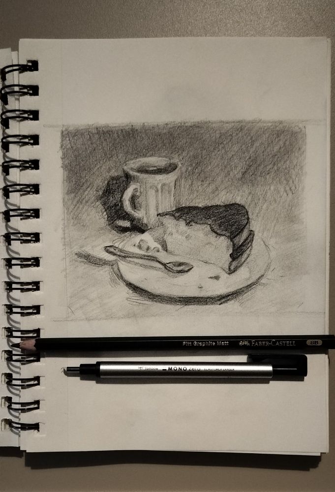 still life drawing of a chocolate cake and a cup of coffee. done with pencil.