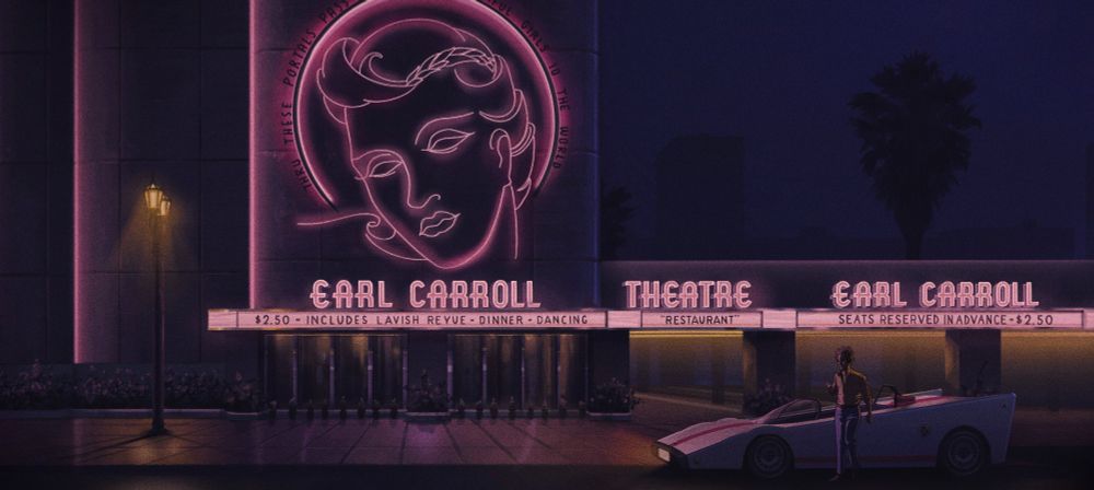 A night time background painting of a retro theatre with pink neon lights. and a sports car parked in front.