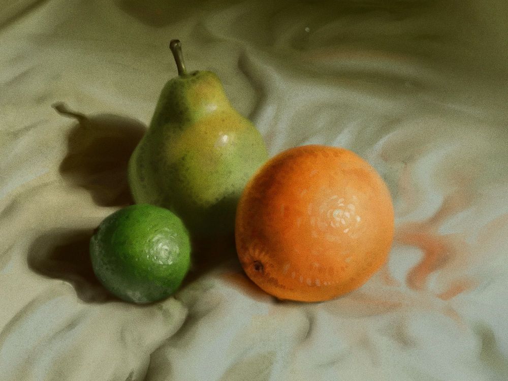 A still life painting of an orange, pear and lime on top of white cloth. set in a warm environment.