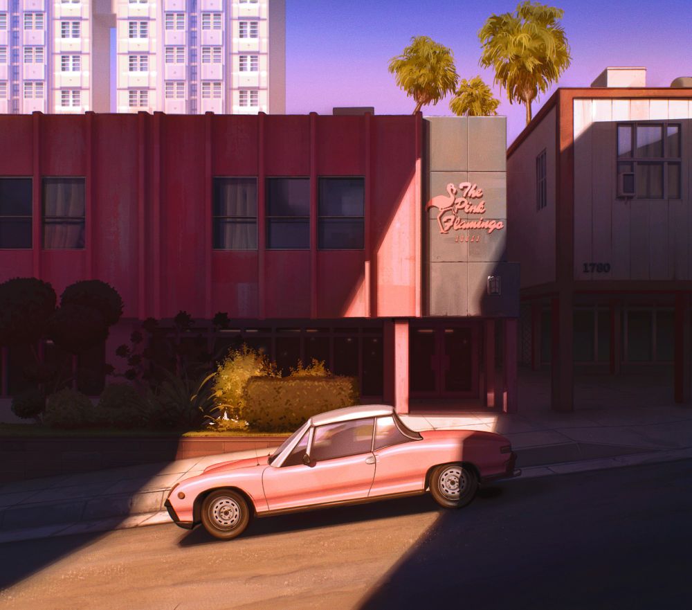 Environment painting of a pink motel (the pink flamingo). with shadows casting on the building and a pink car parked outside.