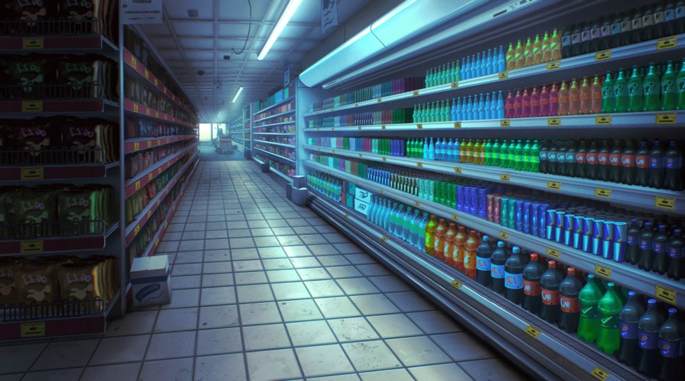 Grocery store interior environment painting with a fridge filled with all sorts of drinks and sodas with colorful designs.