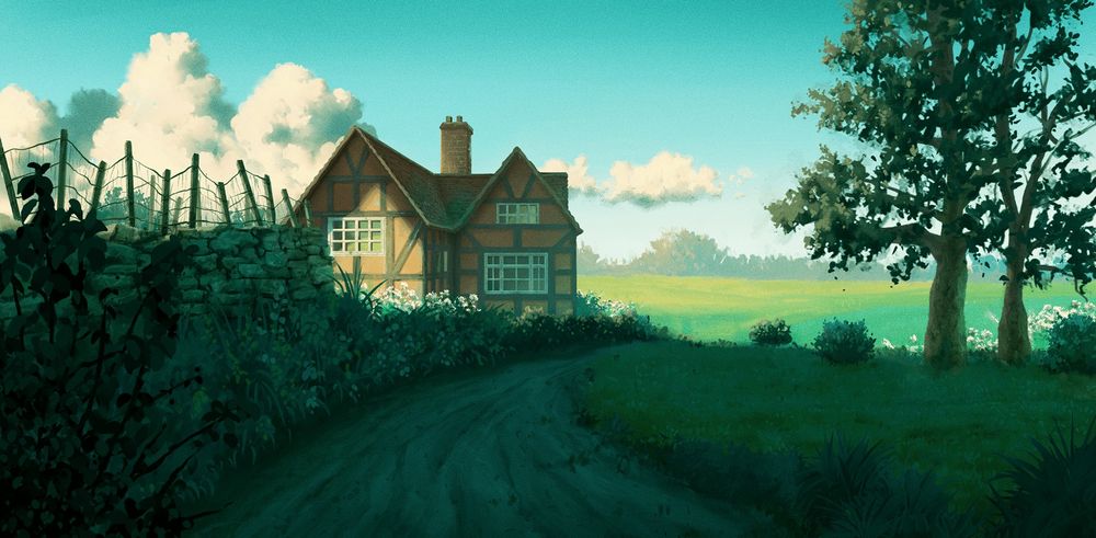 Environment landscape painting of an orange german style countryside house surrounded by greenery, and fluffy clouds in the background.