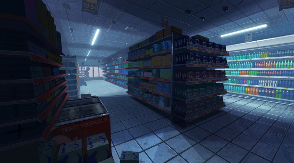 Grocery store interior environment painting with shelfs filled with products set in moody lighting.