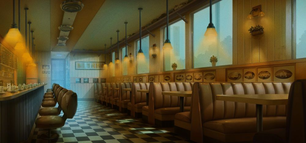 Diner interior environment painting with orange and teal lighting.