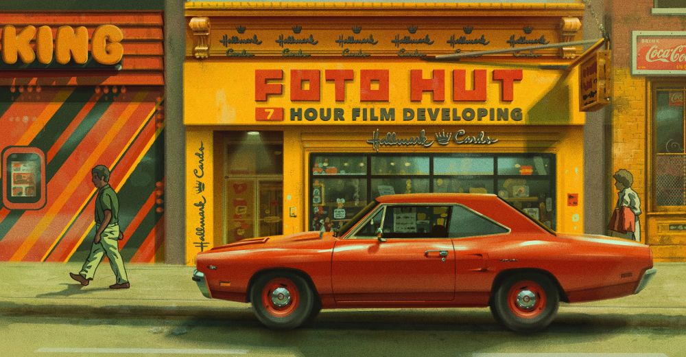 background art of a yellow film developing shop in the 1970s with a red muscle car parked in front.