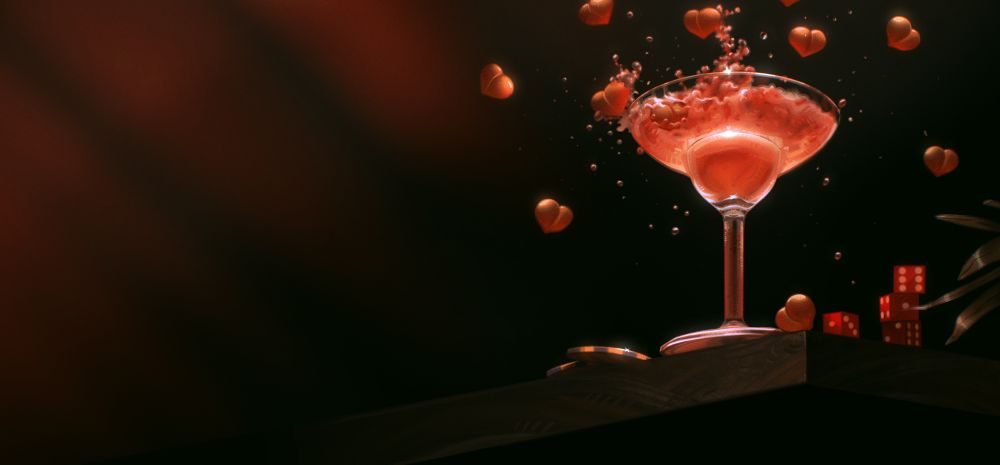 Cinematic still life of small peaches falling on a drink