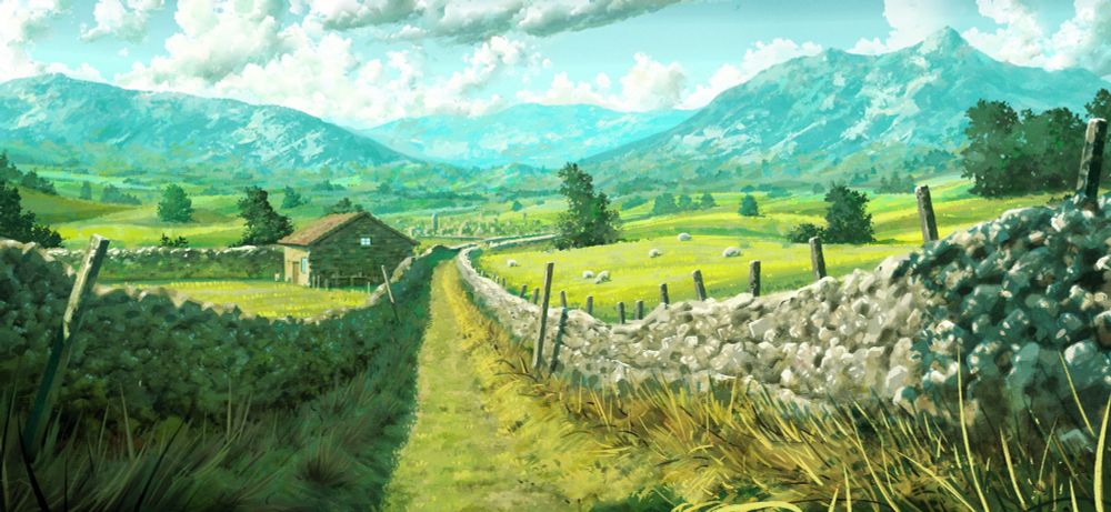 Environment background painting of an expansive green landscape with stone fences piercing through it, a house in the midground and mountains in the background. Done with Procreate.