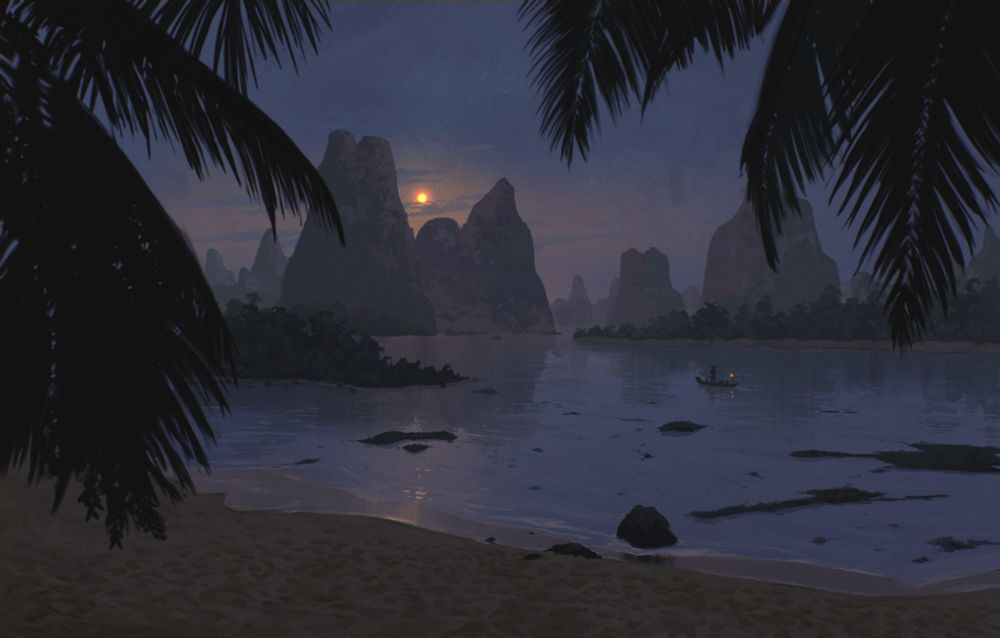 Landscape painting of a river running through tropical hills.