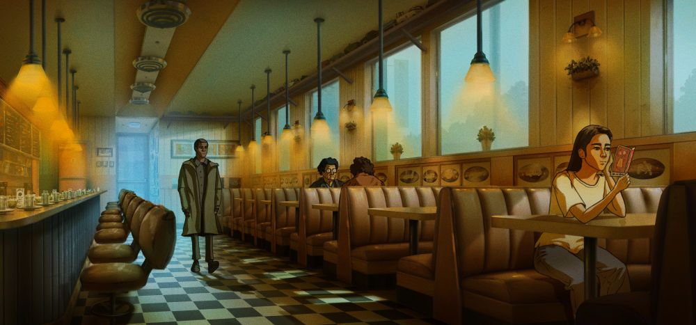 Diner interior environment painting with orange and teal lighting. with characters.