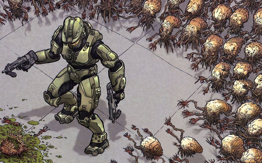 A futuristic, technologically enhanced solider in armor standing left. He's caught by surprise by a swarm of unknown small, fast, creatures.