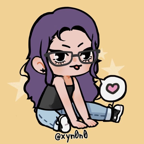 An instance of a picrew by @xyn0n0 (presumably a Twitter handle). It depicts a feminine-presenting person against a yellow background. The person is sitting with their legs spread and their palms placed in the floor between their legs. They are blepping. They are white. They have wavy, messy purple hair. They are wearing cat eye eyeliner as well as mascara. Their outfit consists of a black cami, light wash bluejeans, and black and white sneakers. They have a star shaped stud earring. There is a speech bubble with a heart in it. This is close to my current appearance/presentation using the picrew.