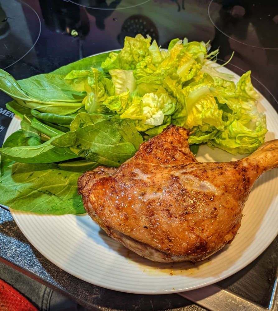 Ein Teller mit Entenkeule an PakChoi ind Salatherzen. 