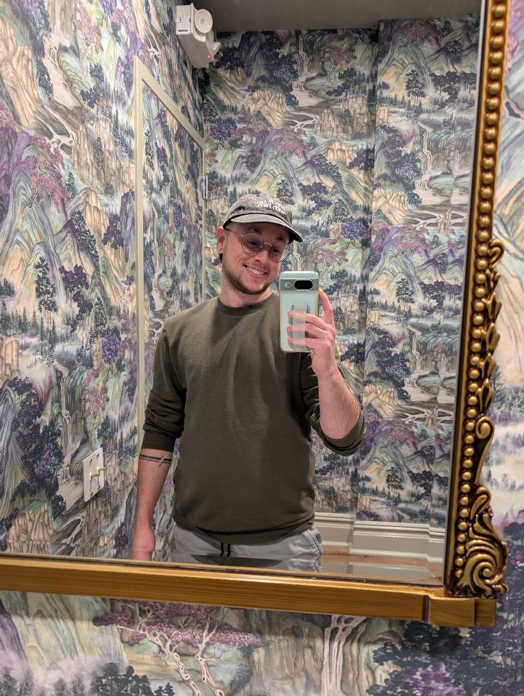 mirror selfie of me in a bathroom with wild wallpaper
