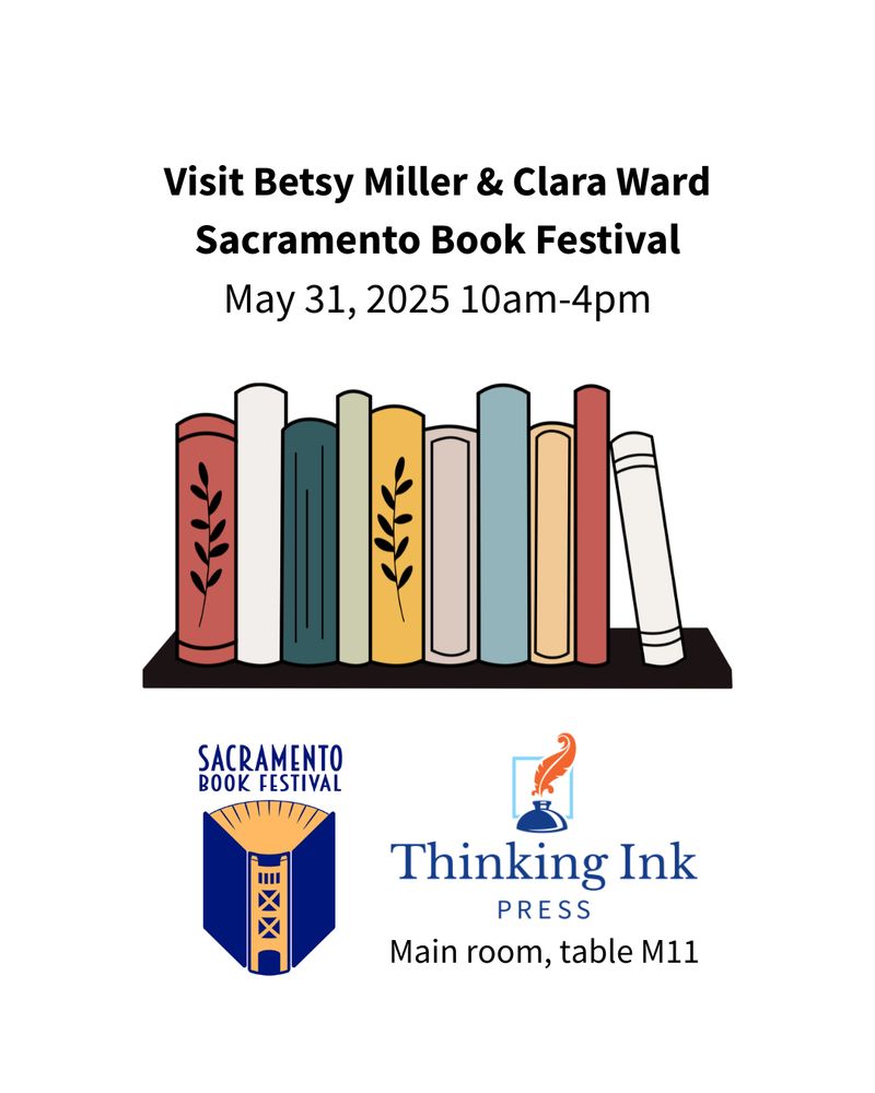 A shelf full of books above the Sacramento Book Festival logo and the Thinking Ink Press logo