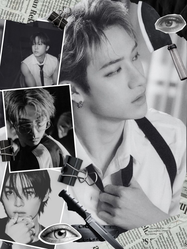 Black white collage of members of stray kids with torn newspaper, eyes, and knives. In the middle is Bang Chan loosening his tie. Along the sides are Polaroid-styled images of (from top to bottom) Changbin, Han, and Lee Know