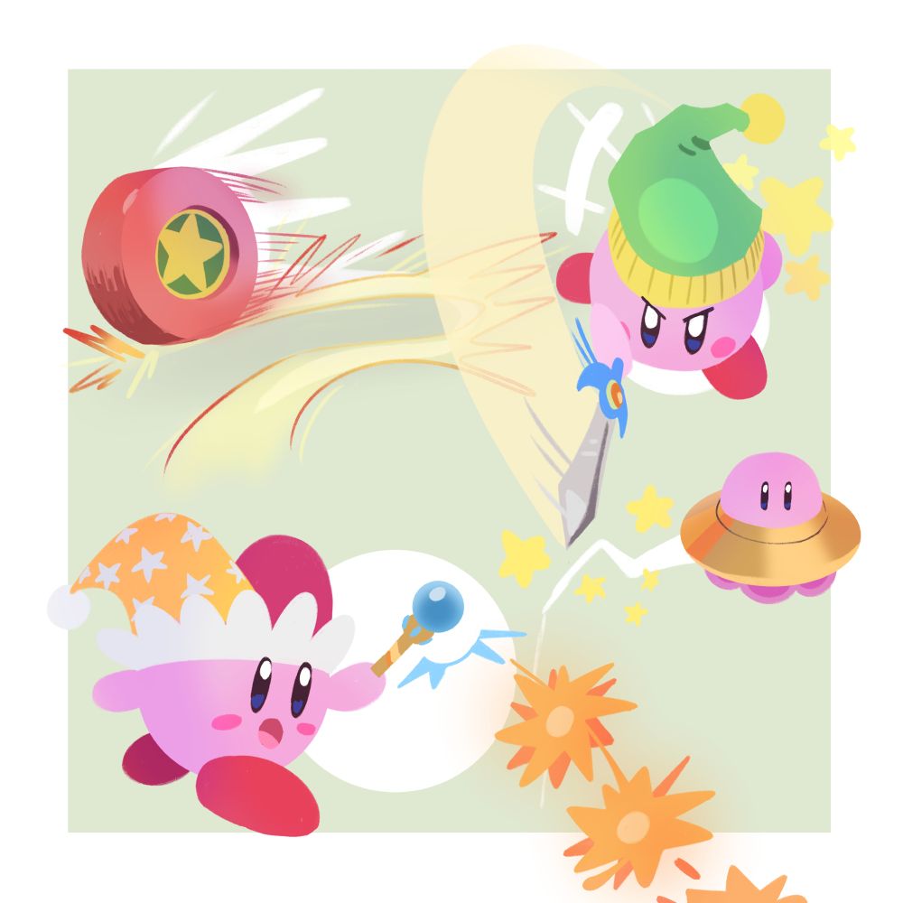 several Kirby drawings in a lineless style, depicting Kirbs various copy abilities, Sword, Wheel, UFO and Beam. aka the best ones don't argue with me about it