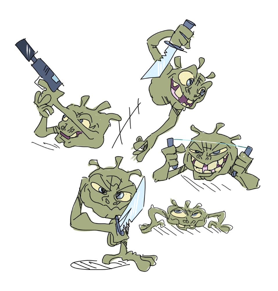 several scribbly poses of the hit 1980s puppet Boglin toy with a knife, gun or garrot wire