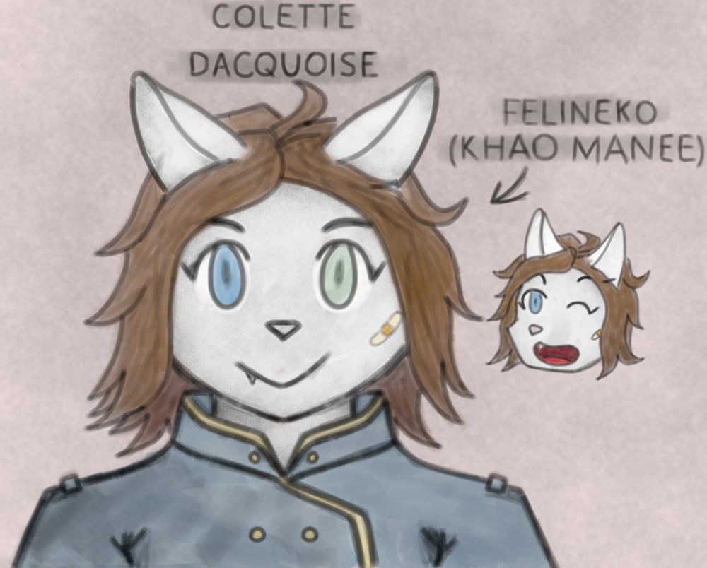 this is colette! part of the army of gasco, rather than a combatant her friendliness works perfect for something more behind the scene like a secretary/recruiter. she normally forgets her headwear and gets scolded for doing so.