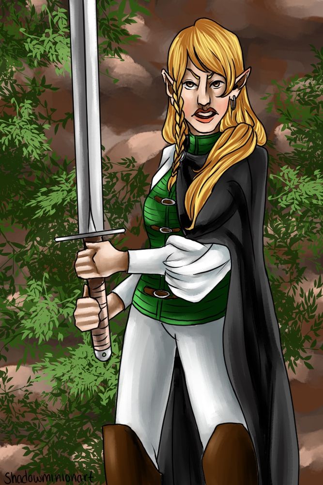 A blonde girl with pale skin holding a sword. The background is a blurred stone wall with foliage 
