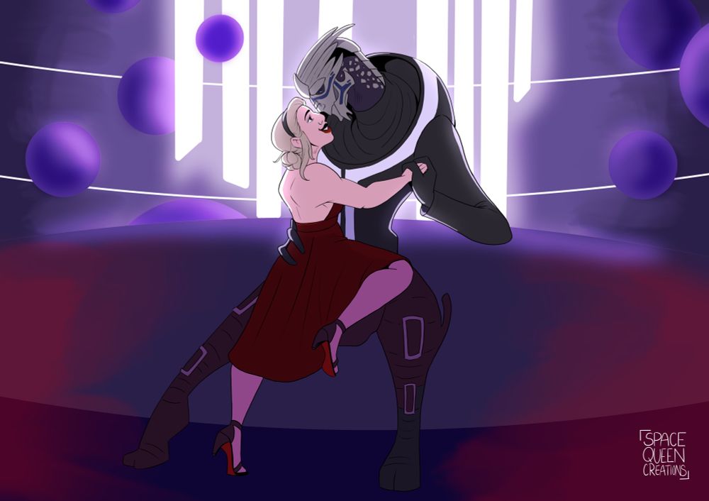 Garrus Vakarian and my Shepard Renée dancing in the romance scene from the citadel DLC 