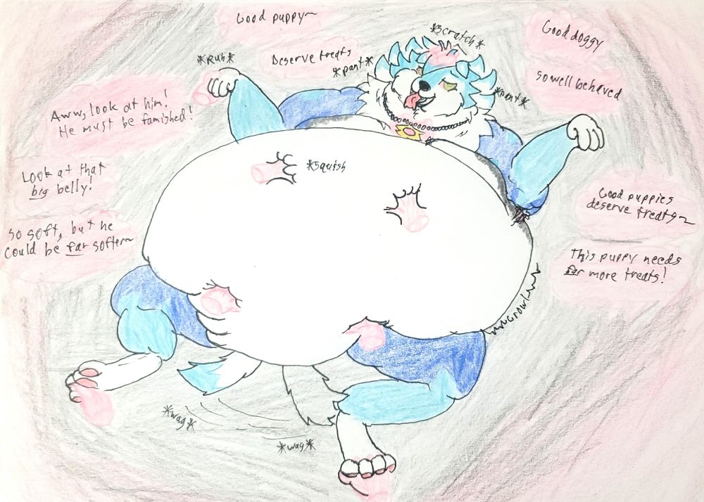 A traditional drawing of my midnight form lycanroc Stratus. He is a wearing a necklace that is glowing with magic. There are ghost hands that are playing with his belly and paws, and giving him hypnotic head scratches, while encouraging voices play in his head. The text, starting from bottom left and circling clockwise:
"So soft, but he could be *far* softer~"
"Look at that *big* belly!"
"Aww, look at him! He must be famished!"
"Good puppy!"
"Deserve treats"
"Good doggy"
"So well behaved"
"Good puppies deserve treats~"
"This puppy needs *far* more treats!"