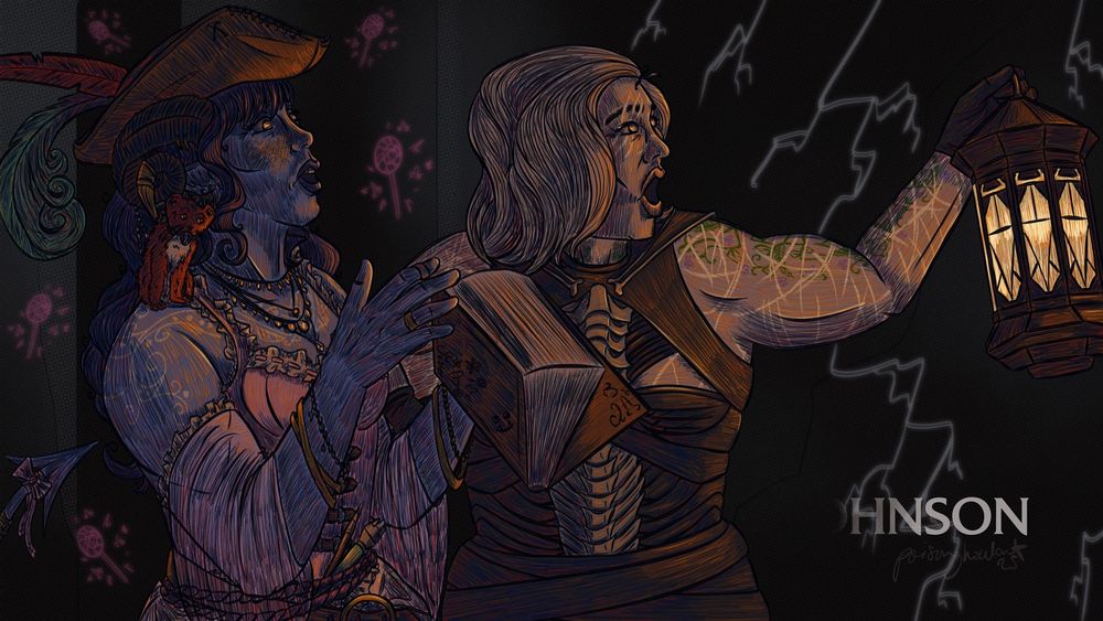 A screen cap redraw of a frame from the critical role campaign 3 intro. Laura Bailey has been replaced by jester who wear a pink dress and pirate hat and sprinkle sits on her shoulder and she's dropping the book she was holding looking shocked. Ashley Johnson has been replaced by yasha who also looks shocked and is holding a lantern out in front of them. in the background there is lightning and pink magical lollipops