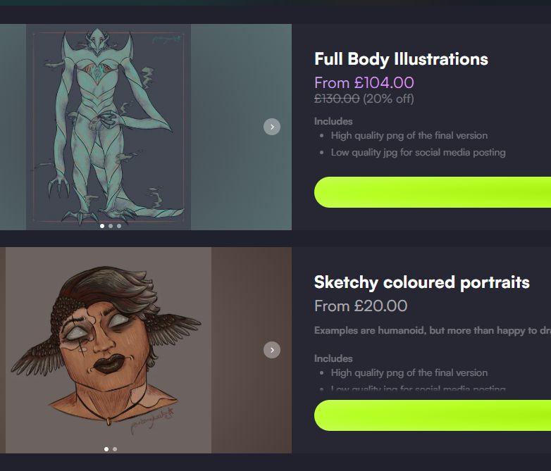 A picture of two commission options - one is for full body illustrations, the other is for sketchy coloured portraits 