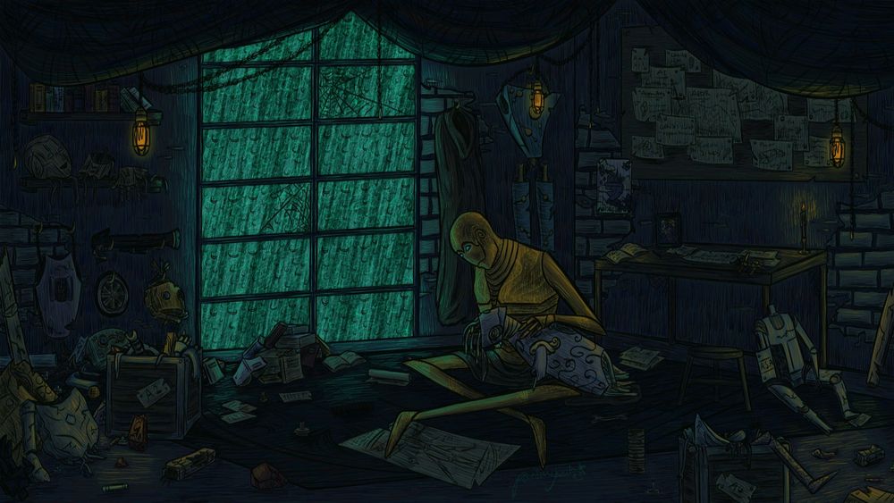 An illustration of a dark room that has various parts of aeormaton in states of disrepair and there are scattered books all over the place.  There is a desk and pin board in the back with various notes and a large green tinted window to the left and it is raining. Next to the window sits Devexian, an intricately decorated gold aeormaton working on a broken one