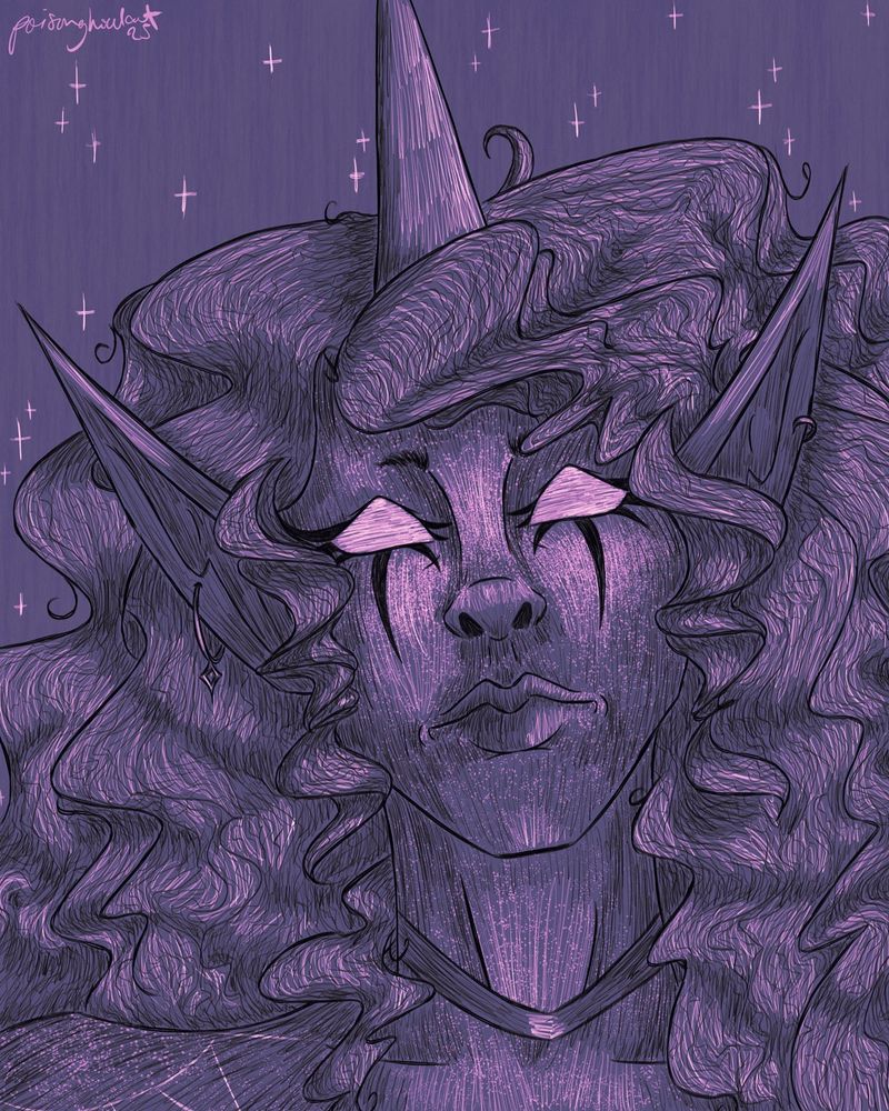 An portrait illustration of a tiefling with long pointed ears and a unicorn horn. They have long hair and bright white eyes and long drawn on eyelashes. The whole piece is in black and white but tinted purple