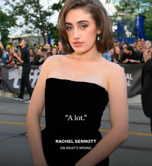 uma foto da rachel sennott de vestido preto escrito: "A lot." Rachel Sennot on what's wrong