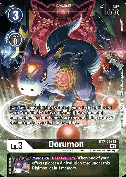 Full Art Card of Dorumon displaying the X-Antibody in it's Body with Dorugoramon and DexDorugoramon as well as Alphamon in the Background