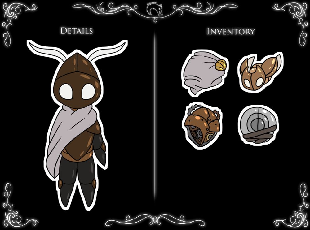 Refsheet of an HollowKnight-OC

It shows a Bug that looks like a golden Automaton.