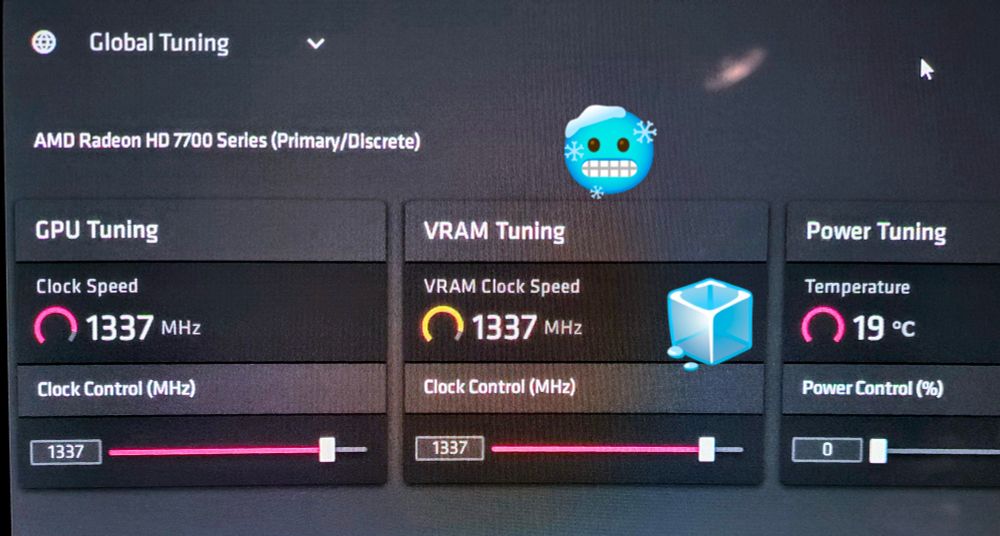 a screenshot of the Radeon control panel showing 1337Mhz on GPU core, 1337Mhz on VRAM, and a chilly 19C temperature under 3D load