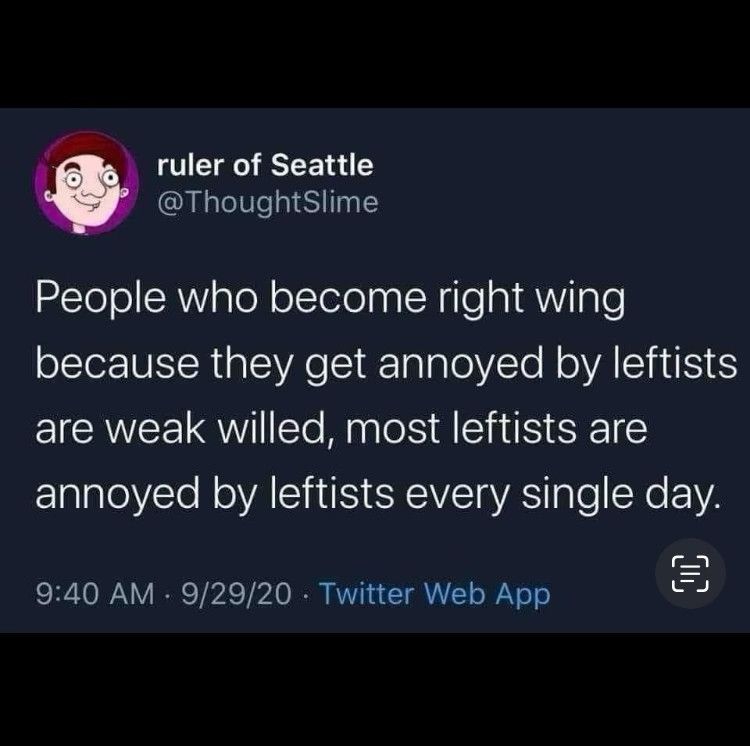 Tweet from @ThoughtSlime

"People who become right wing because they get annoyed by leftists are weak willed, most leftists are annoyed by leftists every single day."