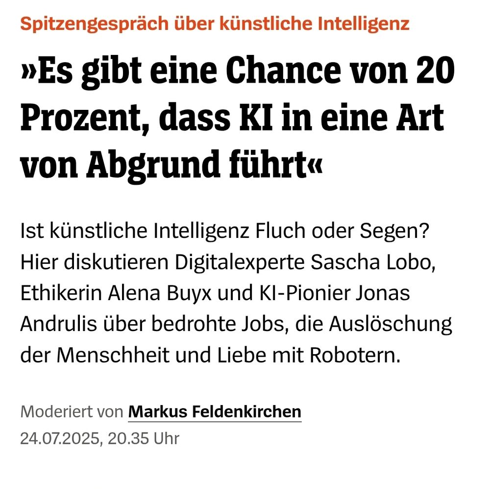 Screenshot Spiegel: »Es gibt eine Chance von 20 Prozent, dass KI in eine Art von Abgrund führt«