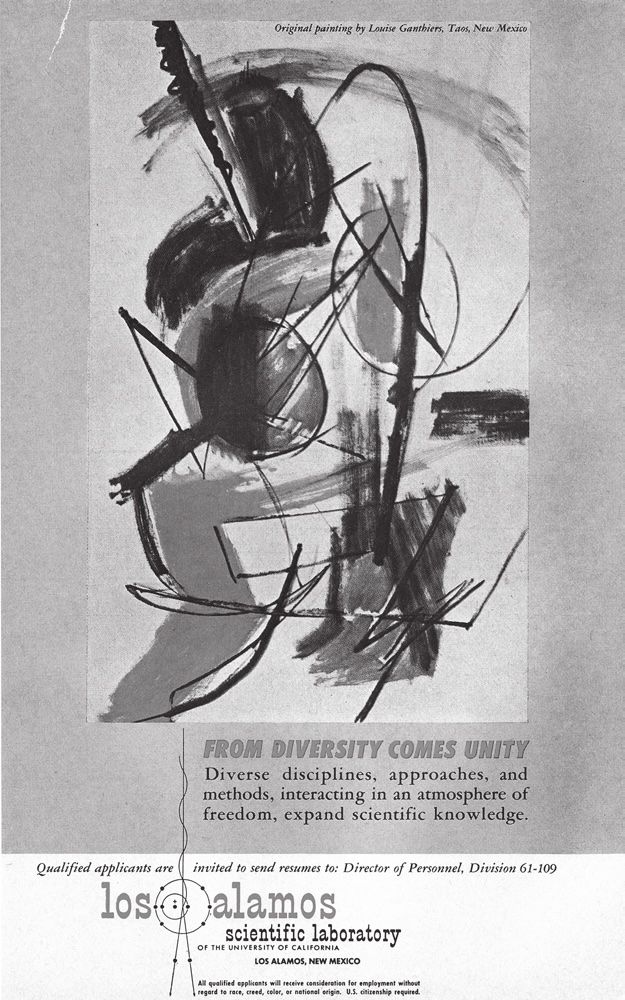 los alamos scientific laboratory poster arguing that "from diversity cmes unity" using modern art image in 1961